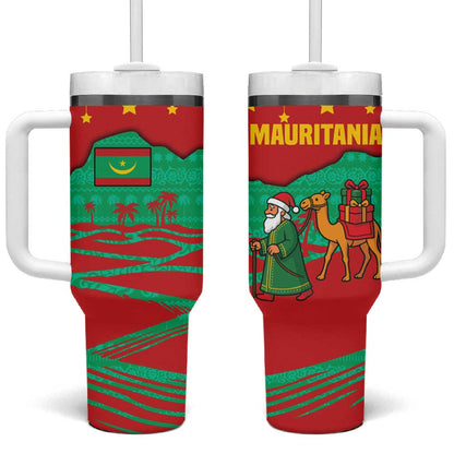 Mauritania Christmas Tumbler With Handle Santa Claus Camel Gift Boxes Starry Sky and Desert - African Pride