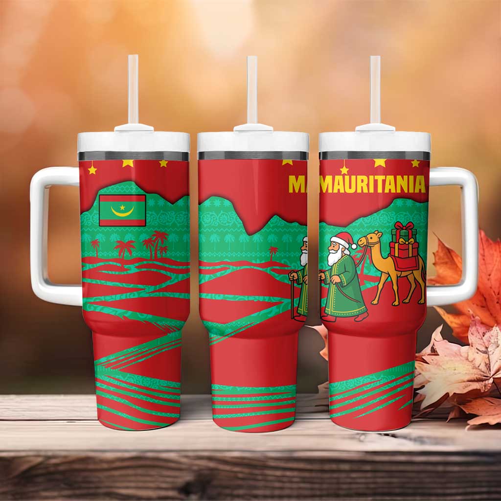 Mauritania Christmas Tumbler With Handle Santa Claus Camel Gift Boxes Starry Sky and Desert - African Pride