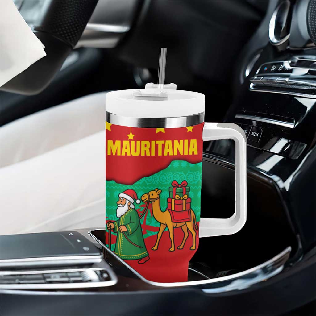 Mauritania Christmas Tumbler With Handle Santa Claus Camel Gift Boxes Starry Sky and Desert - African Pride