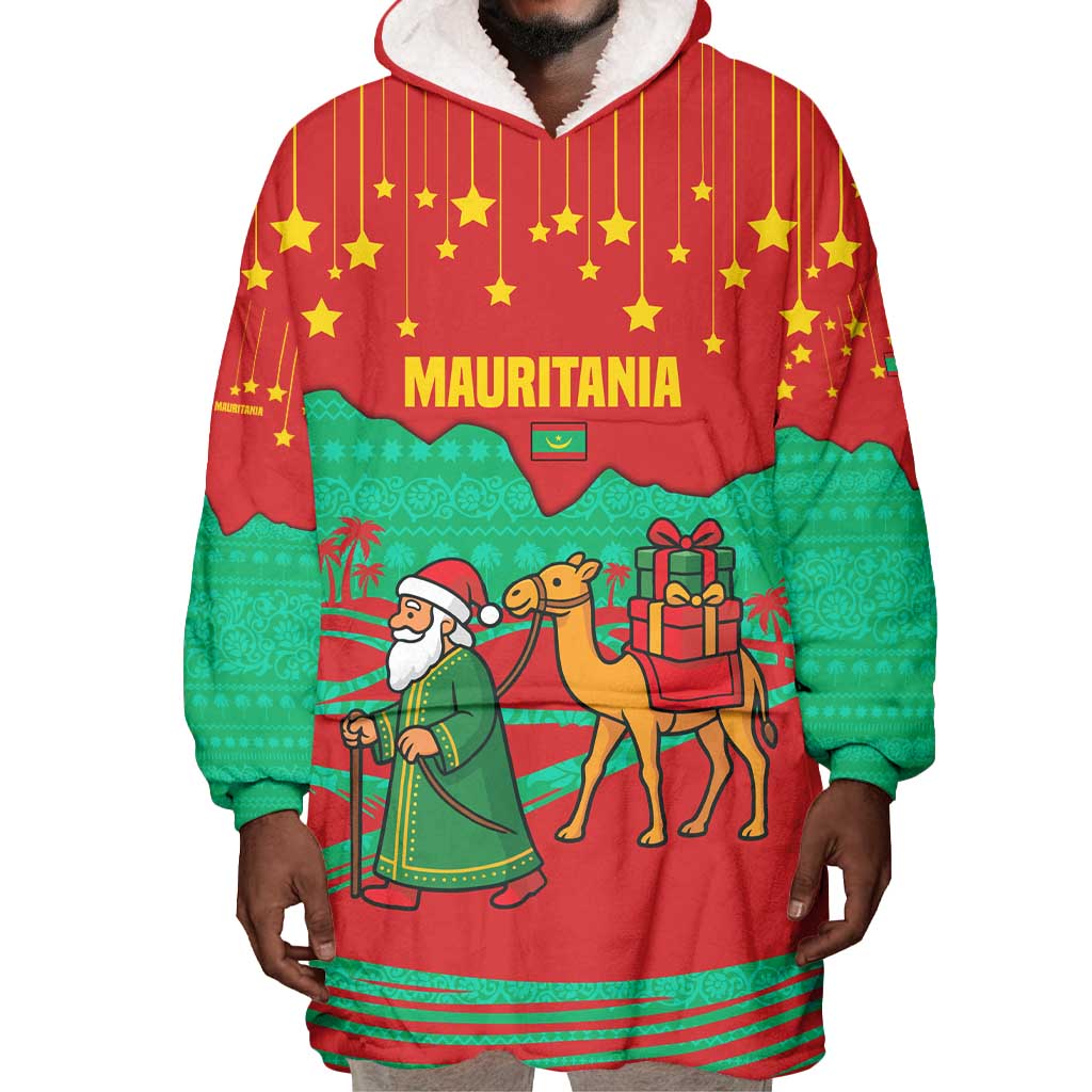 Mauritania Christmas Wearable Blanket Hoodie Santa Claus Camel Gift Boxes Starry Sky and Desert - African Pride
