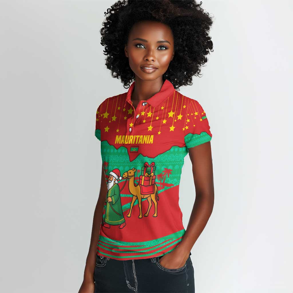 Mauritania Christmas Women Polo Shirt Santa Claus Camel Gift Boxes Starry Sky and Desert - African Pride