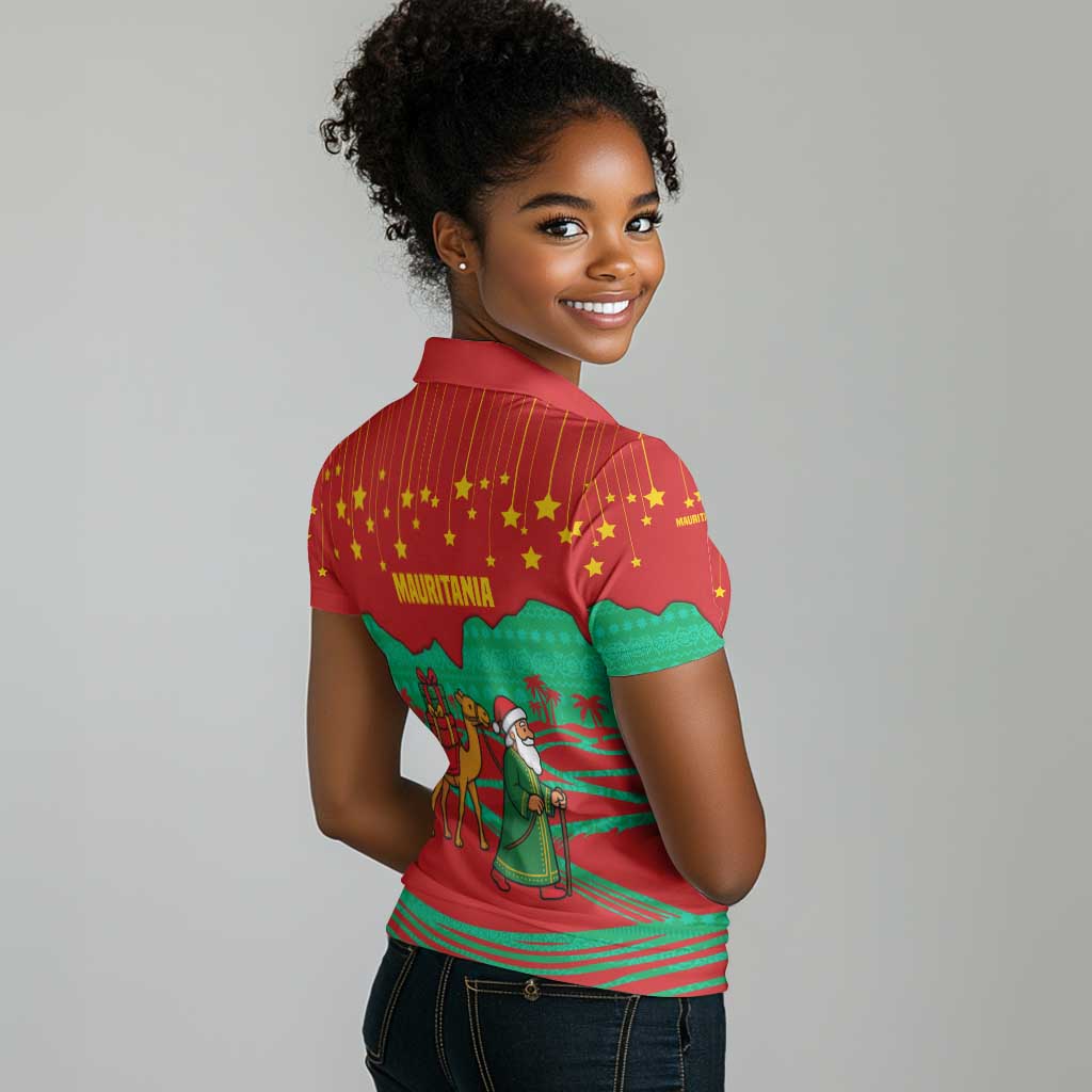Mauritania Christmas Women Polo Shirt Santa Claus Camel Gift Boxes Starry Sky and Desert - African Pride
