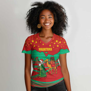 Mauritania Christmas Women V-Neck T-Shirt Santa Claus Camel Gift Boxes Starry Sky and Desert - African Pride