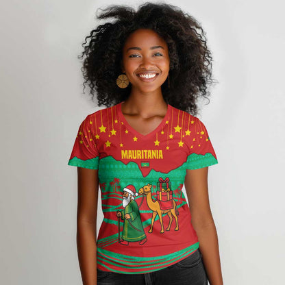 Mauritania Christmas Women V-Neck T-Shirt Santa Claus Camel Gift Boxes Starry Sky and Desert - African Pride