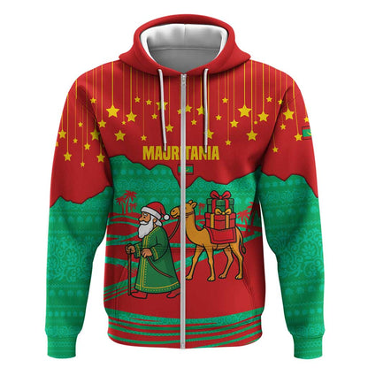 Mauritania Christmas Zip Hoodie Santa Claus Camel Gift Boxes Starry Sky and Desert - African Pride