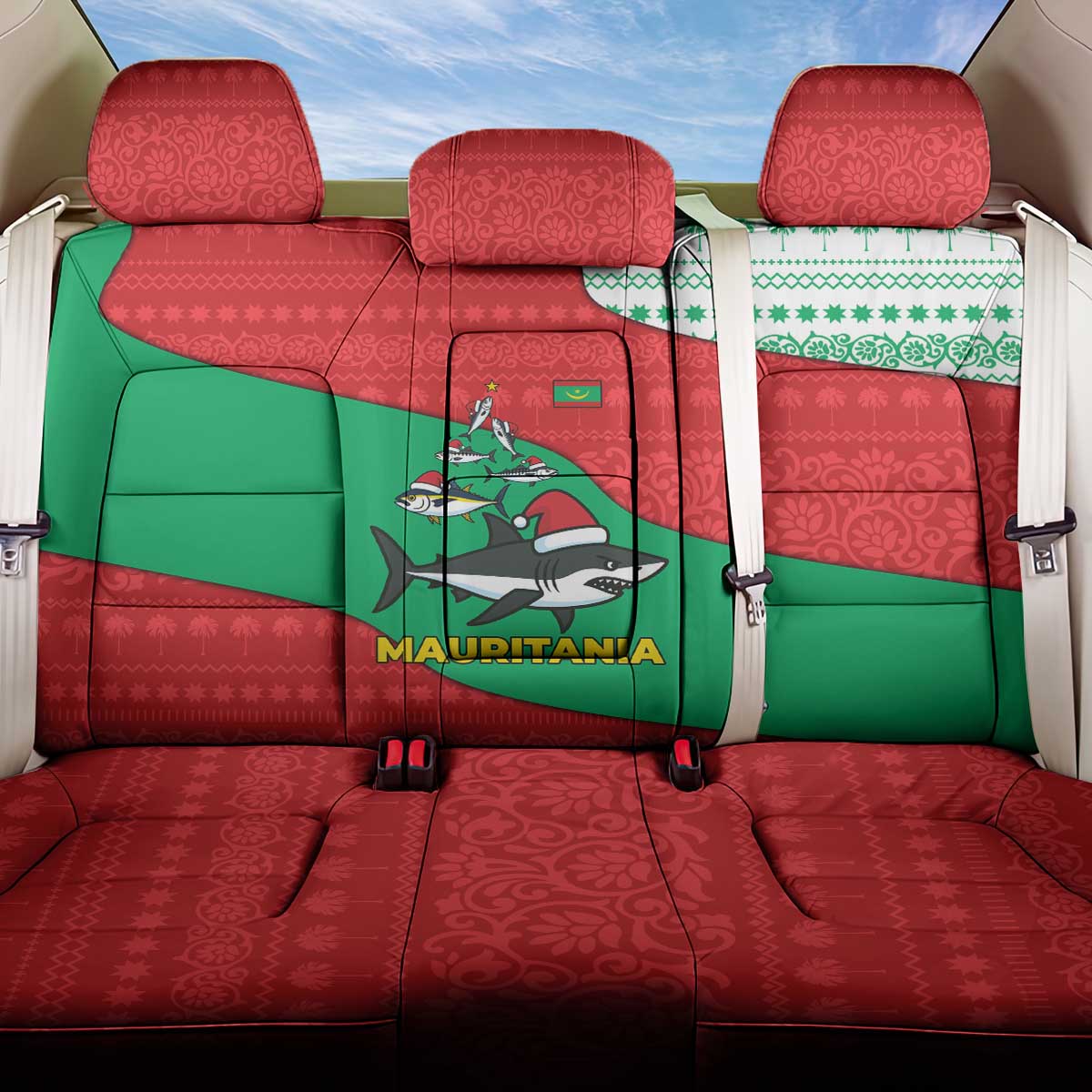 Mauritania Christmas Back Car Seat Cover Santa Sharks Festive Fish Pattern and Red Green Holiday - African Pride