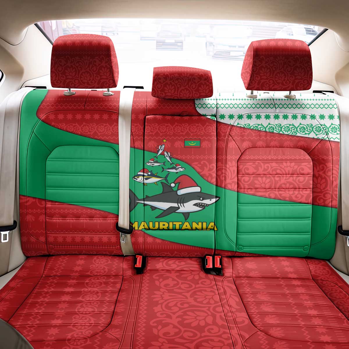 Mauritania Christmas Back Car Seat Cover Santa Sharks Festive Fish Pattern and Red Green Holiday - African Pride