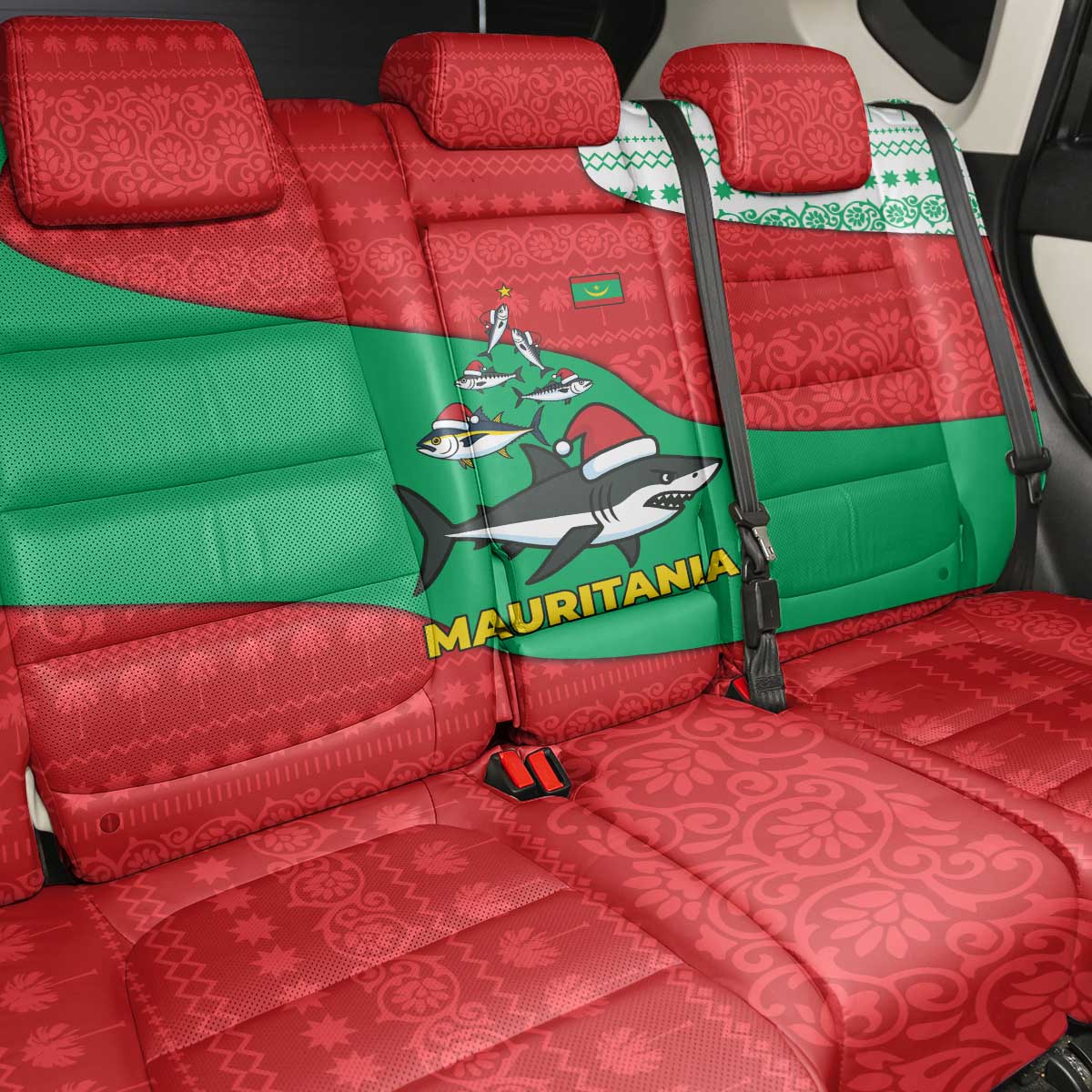 Mauritania Christmas Back Car Seat Cover Santa Sharks Festive Fish Pattern and Red Green Holiday - African Pride