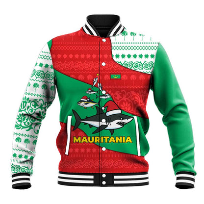 Mauritania Christmas Baseball Jacket Santa Sharks Festive Fish Pattern and Red Green Holiday - African Pride