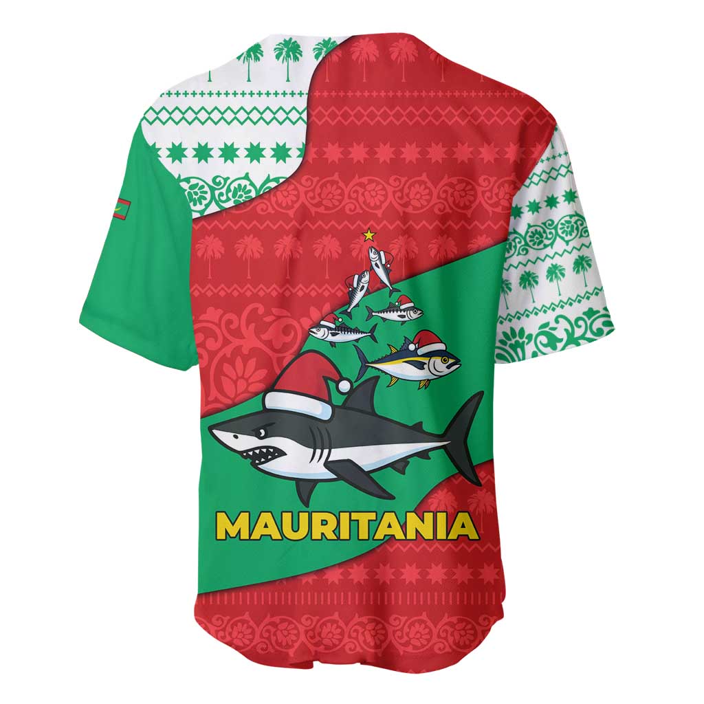 Mauritania Christmas Baseball Jersey Santa Sharks Festive Fish Pattern and Red Green Holiday - African Pride