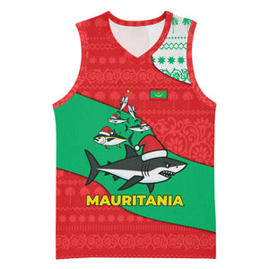 Mauritania Christmas Basketball Jersey Santa Sharks Festive Fish Pattern and Red Green Holiday - African Pride