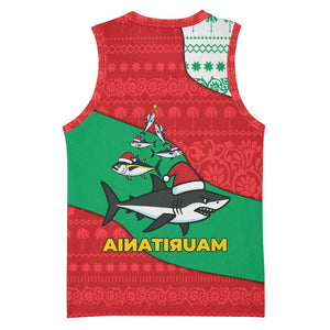 Mauritania Christmas Basketball Jersey Santa Sharks Festive Fish Pattern and Red Green Holiday - African Pride