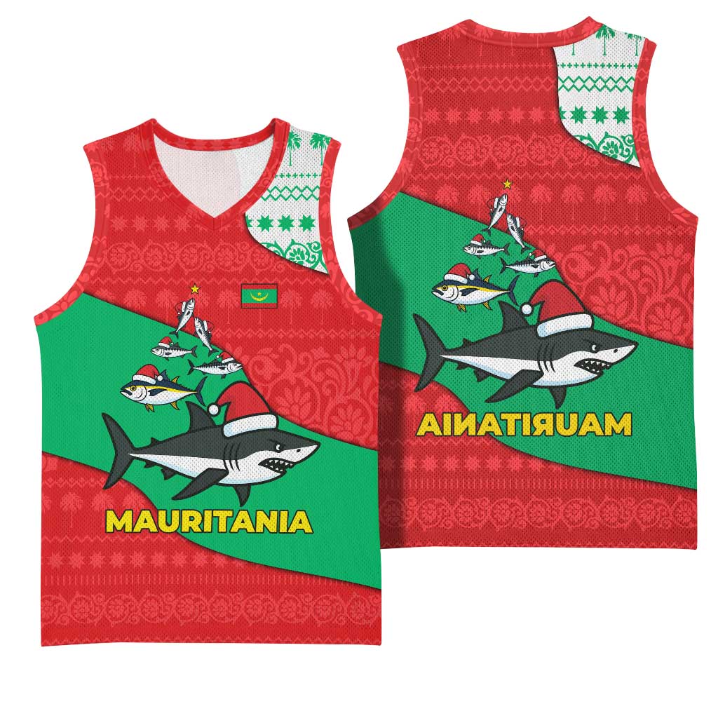 Mauritania Christmas Basketball Jersey Santa Sharks Festive Fish Pattern and Red Green Holiday - African Pride