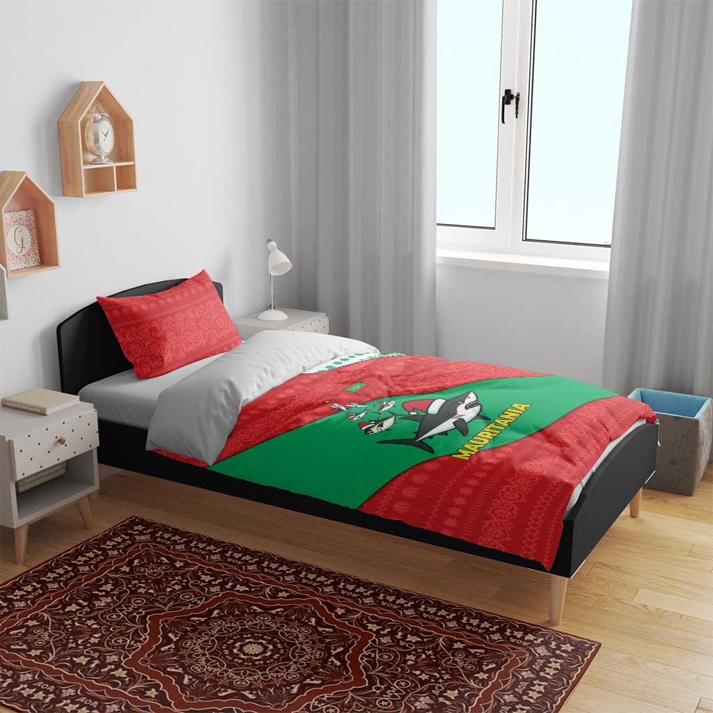 Mauritania Christmas Bedding Set Santa Sharks Festive Fish Pattern and Red Green Holiday - African Pride