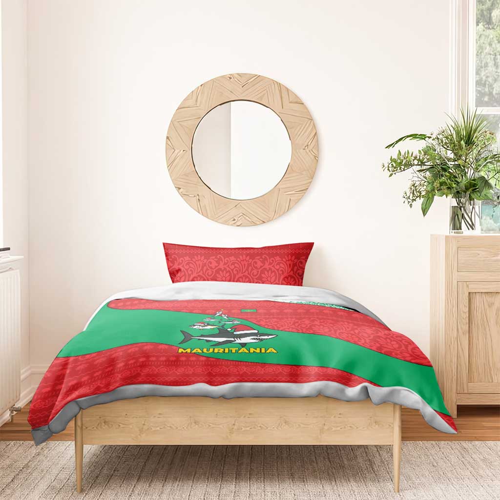 Mauritania Christmas Bedding Set Santa Sharks Festive Fish Pattern and Red Green Holiday - African Pride