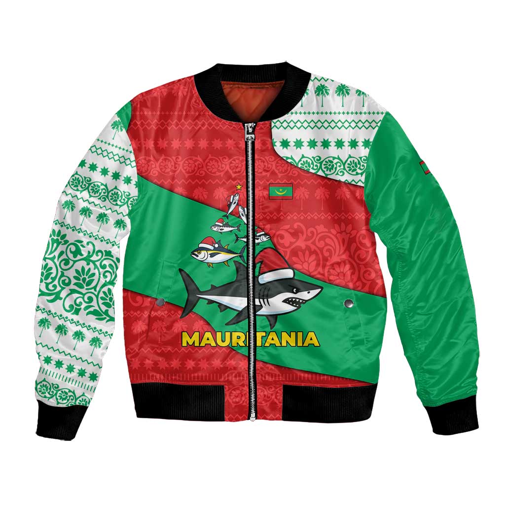 Mauritania Christmas Bomber Jacket Santa Sharks Festive Fish Pattern and Red Green Holiday - African Pride