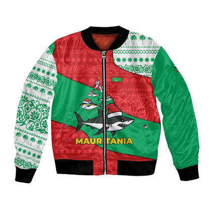 Mauritania Christmas Bomber Jacket Santa Sharks Festive Fish Pattern and Red Green Holiday - African Pride