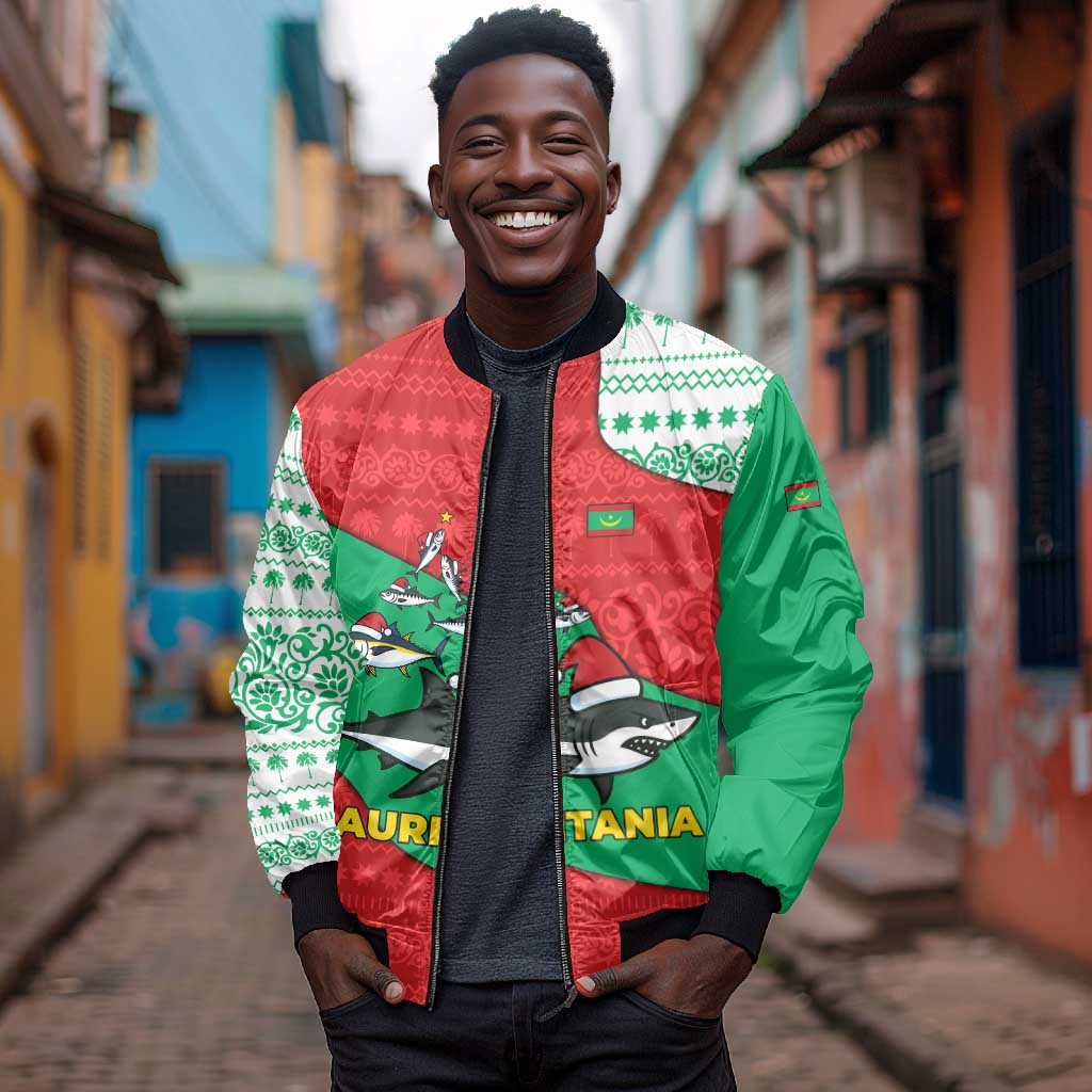 Mauritania Christmas Bomber Jacket Santa Sharks Festive Fish Pattern and Red Green Holiday - African Pride