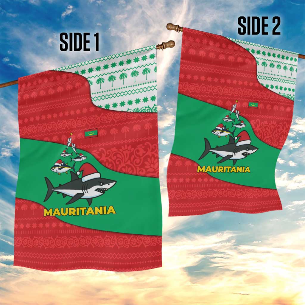 Mauritania Christmas Garden Flag Santa Sharks Festive Fish Pattern and Red Green Holiday - African Pride