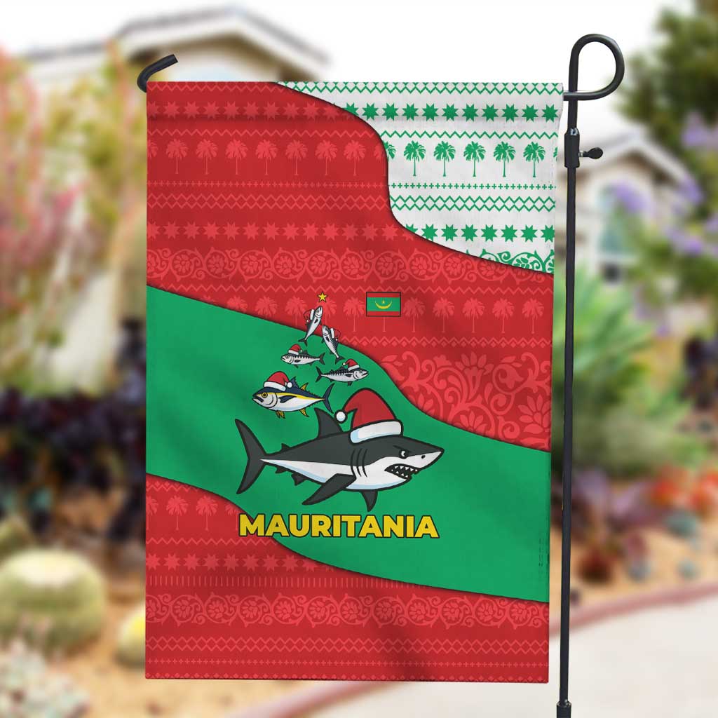 Mauritania Christmas Garden Flag Santa Sharks Festive Fish Pattern and Red Green Holiday - African Pride