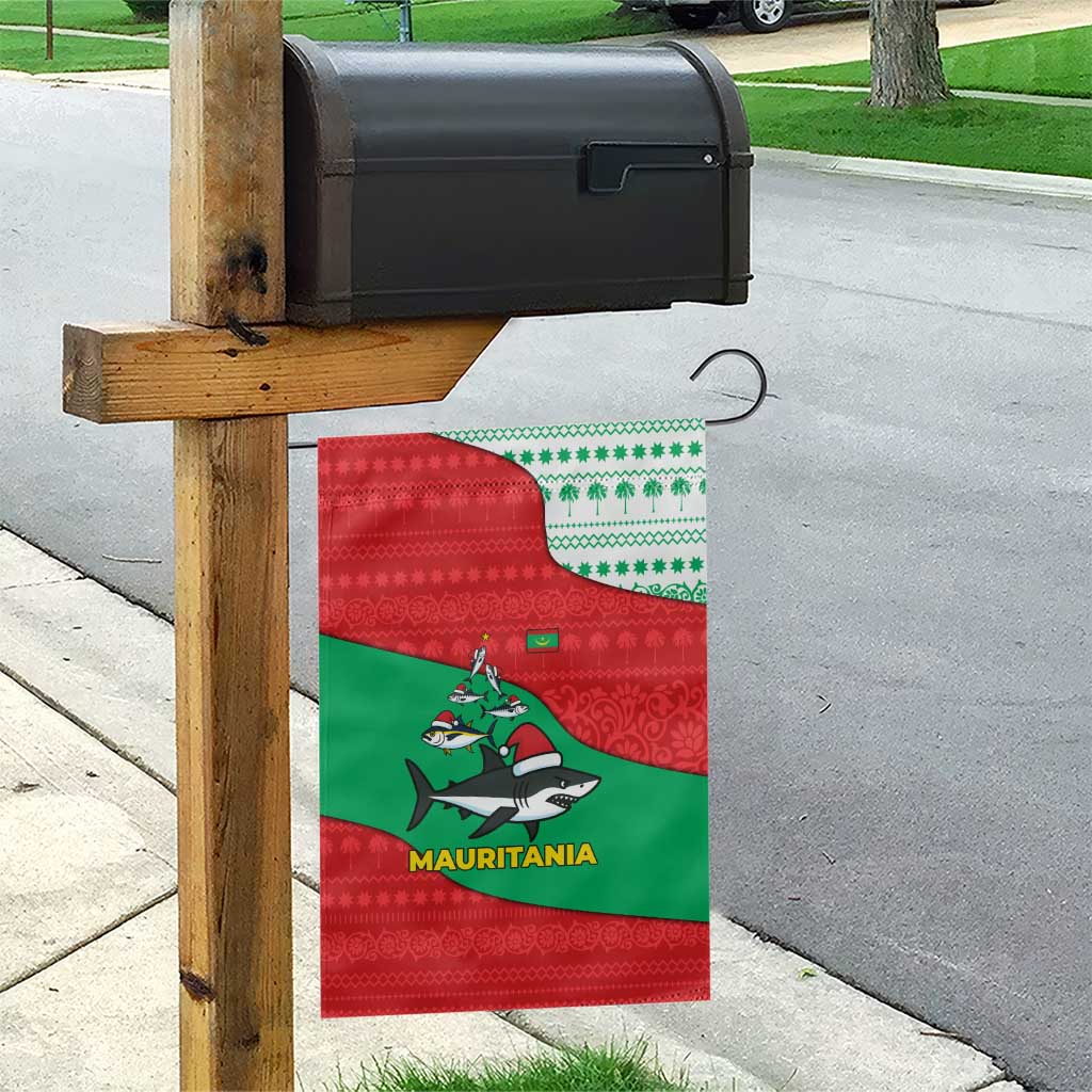 Mauritania Christmas Garden Flag Santa Sharks Festive Fish Pattern and Red Green Holiday - African Pride