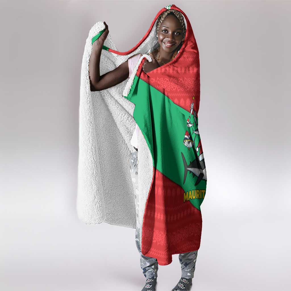Mauritania Christmas Hooded Blanket Santa Sharks Festive Fish Pattern and Red Green Holiday - African Pride