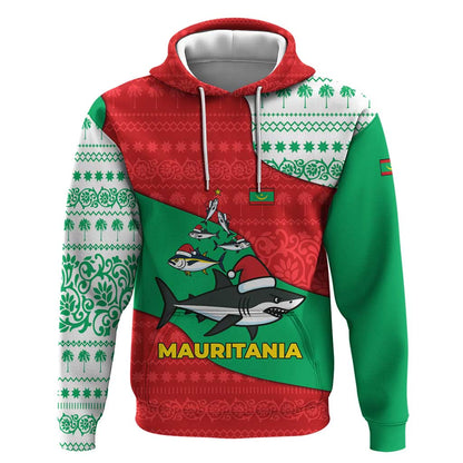 Mauritania Christmas Hoodie Santa Sharks Festive Fish Pattern and Red Green Holiday - African Pride
