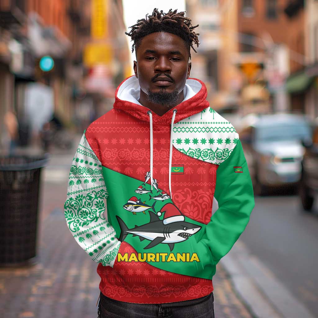 Mauritania Christmas Hoodie Santa Sharks Festive Fish Pattern and Red Green Holiday - African Pride