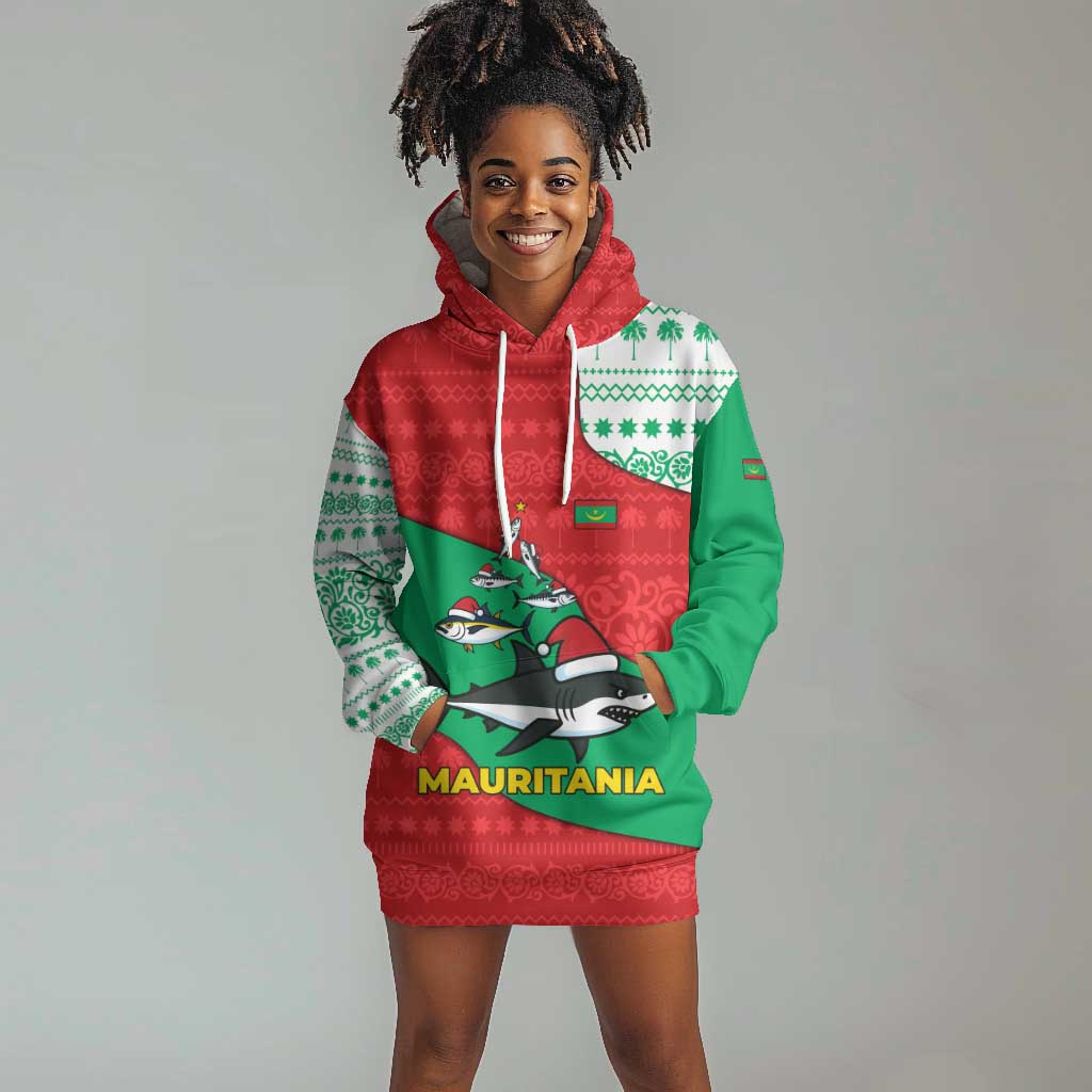 Mauritania Christmas Hoodie Dress Santa Sharks Festive Fish Pattern and Red Green Holiday - African Pride