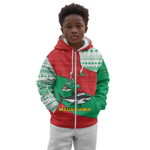 Mauritania Christmas Kid Hoodie Santa Sharks Festive Fish Pattern and Red Green Holiday - African Pride