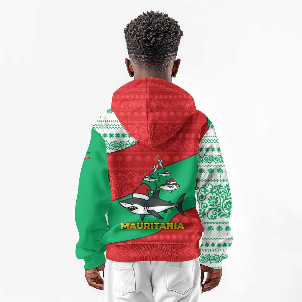 Mauritania Christmas Kid Hoodie Santa Sharks Festive Fish Pattern and Red Green Holiday - African Pride