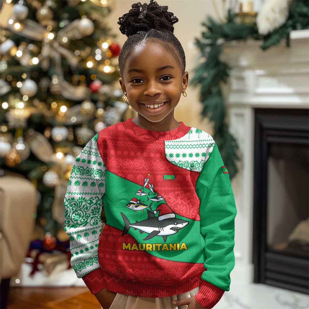 Mauritania Christmas Kid Ugly Christmas Sweater Santa Sharks Festive Fish Pattern and Red Green Holiday - African Pride