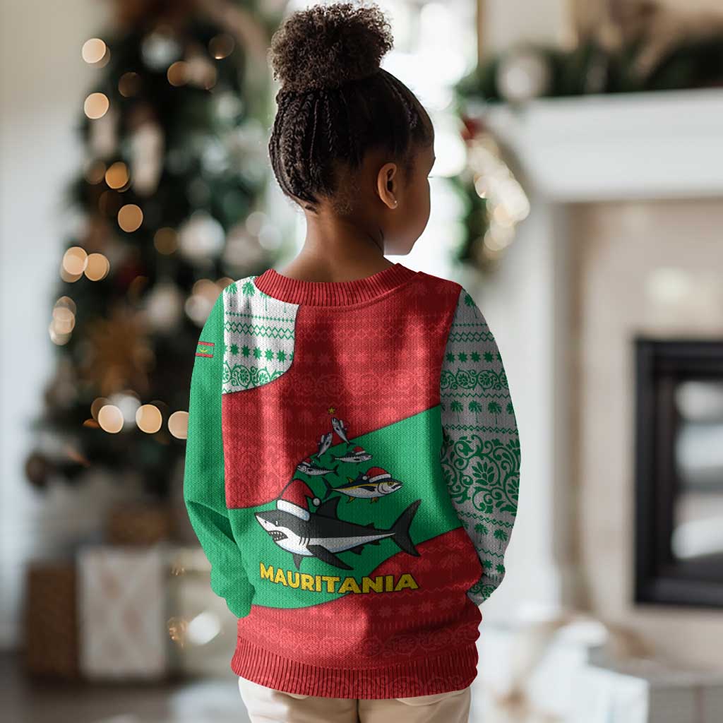 Mauritania Christmas Kid Ugly Christmas Sweater Santa Sharks Festive Fish Pattern and Red Green Holiday - African Pride
