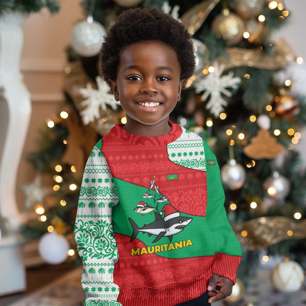 Mauritania Christmas Kid Ugly Christmas Sweater Santa Sharks Festive Fish Pattern and Red Green Holiday - African Pride