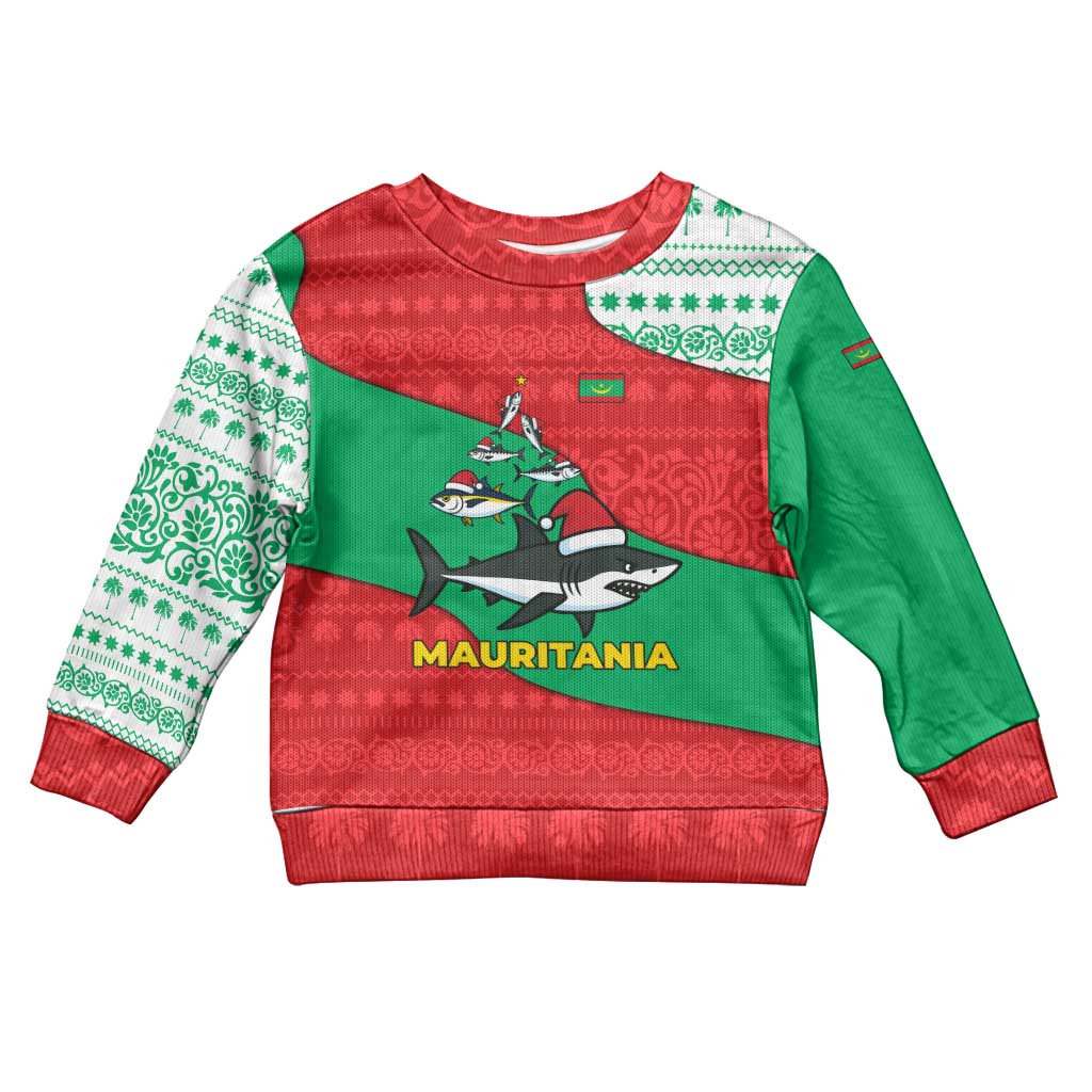 Mauritania Christmas Kid Ugly Christmas Sweater Santa Sharks Festive Fish Pattern and Red Green Holiday - African Pride
