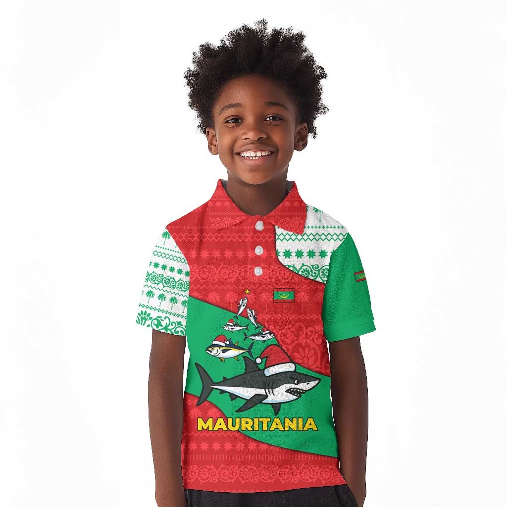 Mauritania Christmas Kid Polo Shirt Santa Sharks Festive Fish Pattern and Red Green Holiday - African Pride