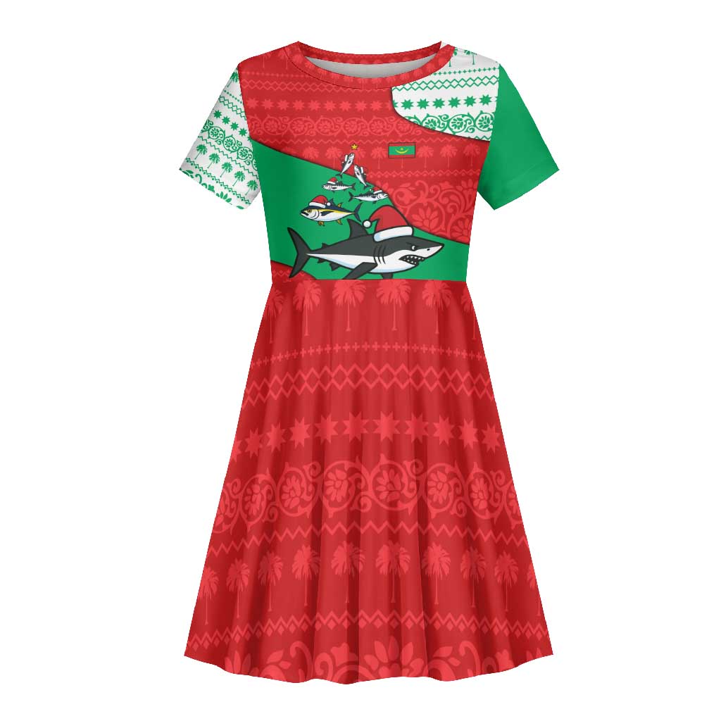 Mauritania Christmas Kid Short Sleeve Dress Santa Sharks Festive Fish Pattern and Red Green Holiday - African Pride