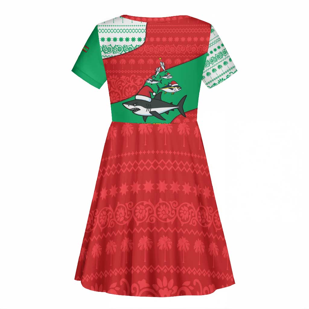 Mauritania Christmas Kid Short Sleeve Dress Santa Sharks Festive Fish Pattern and Red Green Holiday - African Pride