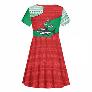 Mauritania Christmas Kid Short Sleeve Dress Santa Sharks Festive Fish Pattern and Red Green Holiday - African Pride