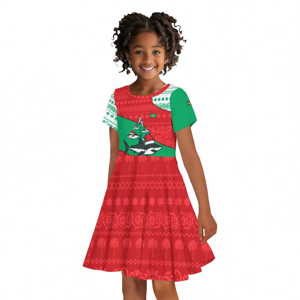 Mauritania Christmas Kid Short Sleeve Dress Santa Sharks Festive Fish Pattern and Red Green Holiday - African Pride