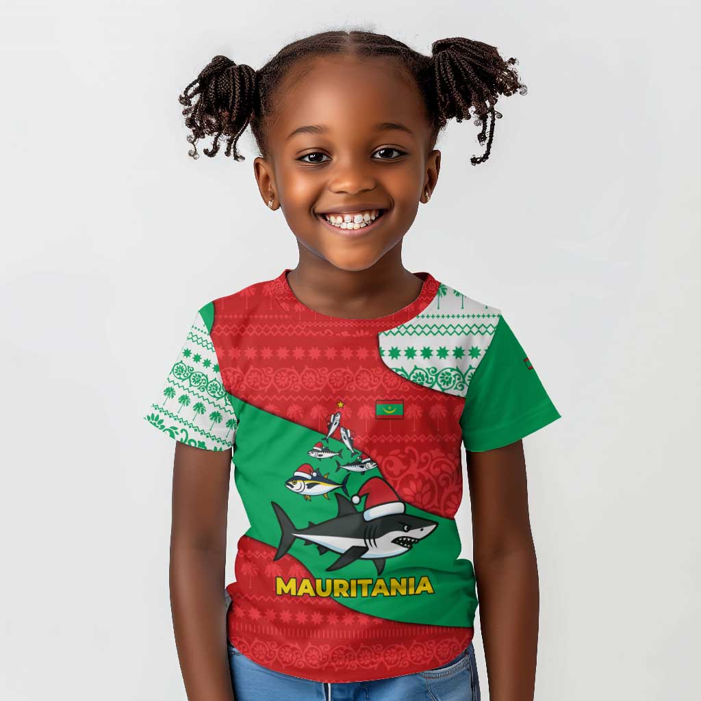 Mauritania Christmas Kid T shirt Santa Sharks Festive Fish Pattern and Red Green Holiday - African Pride
