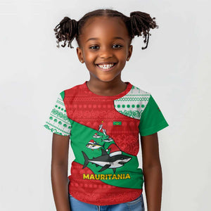 Mauritania Christmas Kid T shirt Santa Sharks Festive Fish Pattern and Red Green Holiday - African Pride