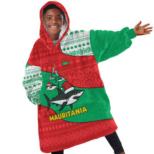 Mauritania Christmas Kid Wearable Blanket Hoodie Santa Sharks Festive Fish Pattern and Red Green Holiday - African Pride