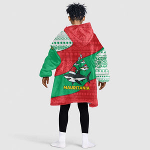 Mauritania Christmas Kid Wearable Blanket Hoodie Santa Sharks Festive Fish Pattern and Red Green Holiday - African Pride