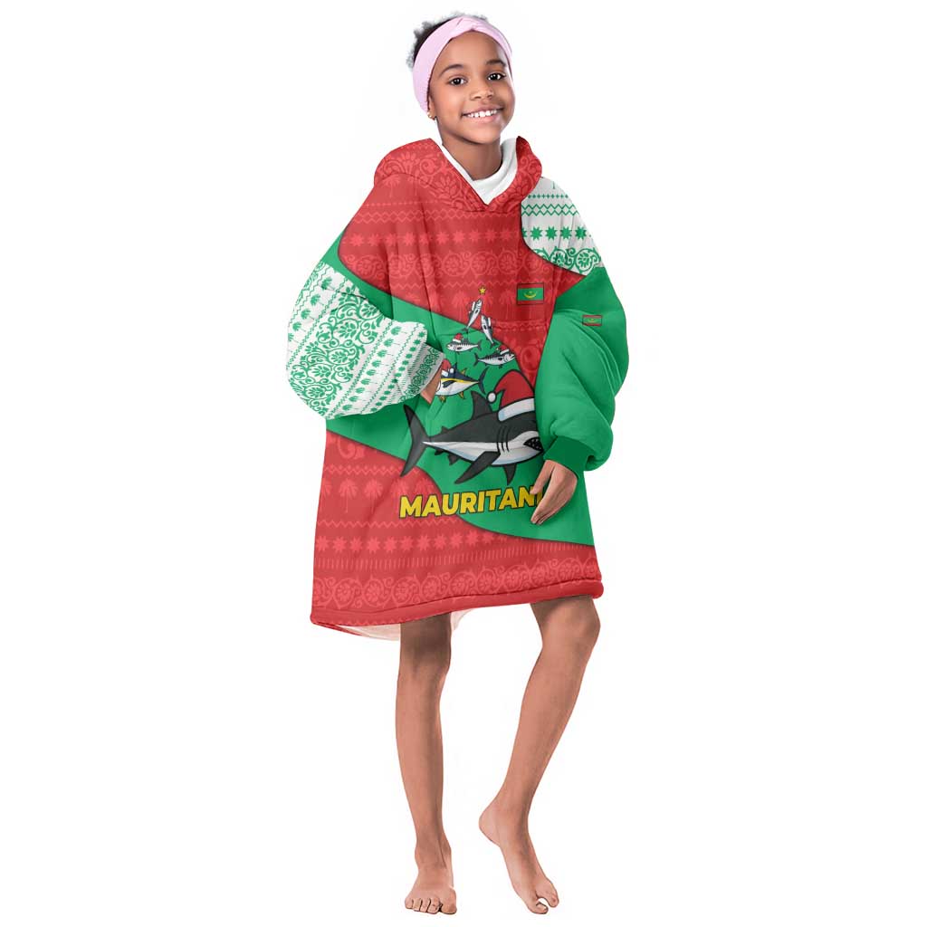 Mauritania Christmas Kid Wearable Blanket Hoodie Santa Sharks Festive Fish Pattern and Red Green Holiday - African Pride
