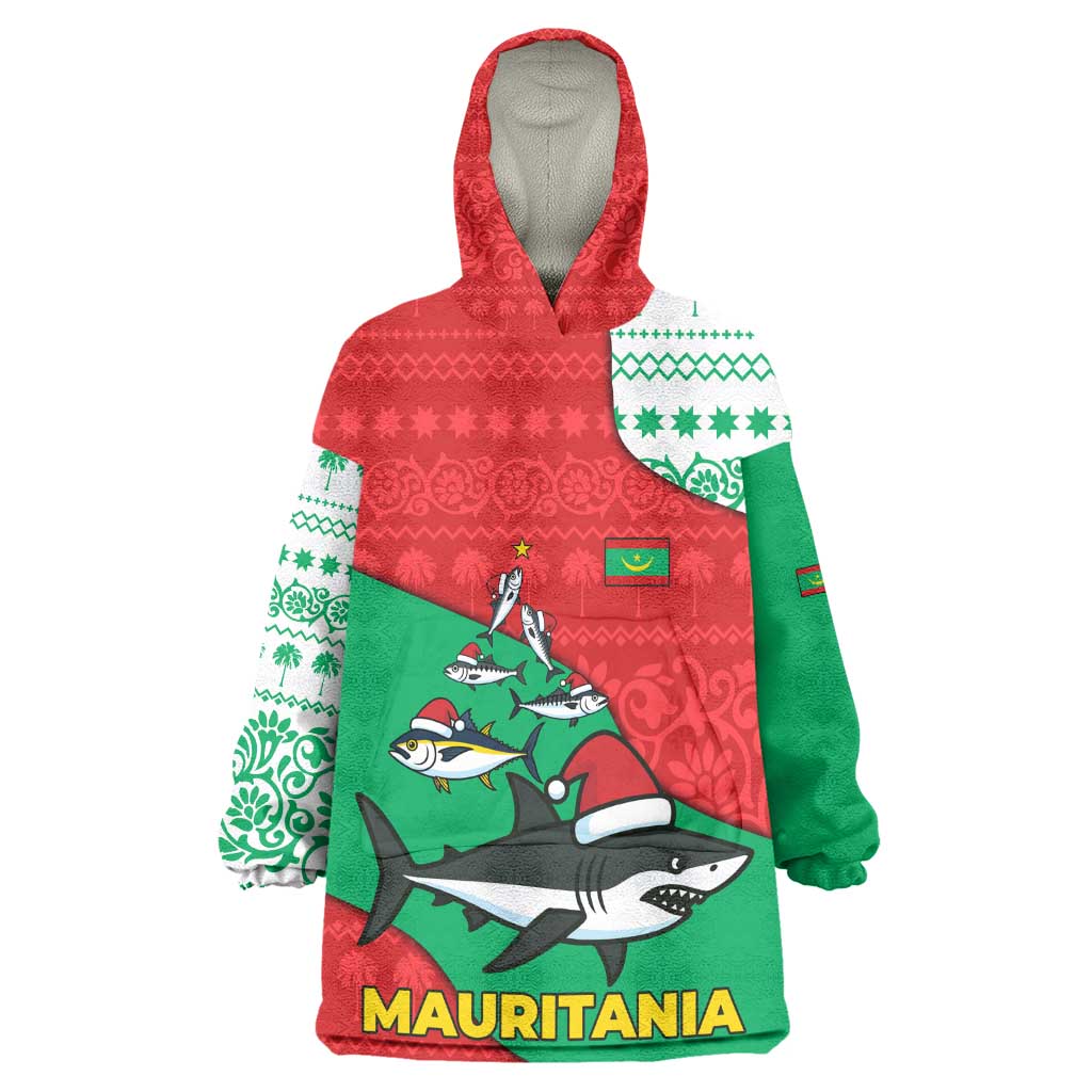 Mauritania Christmas Kid Wearable Blanket Hoodie Santa Sharks Festive Fish Pattern and Red Green Holiday - African Pride