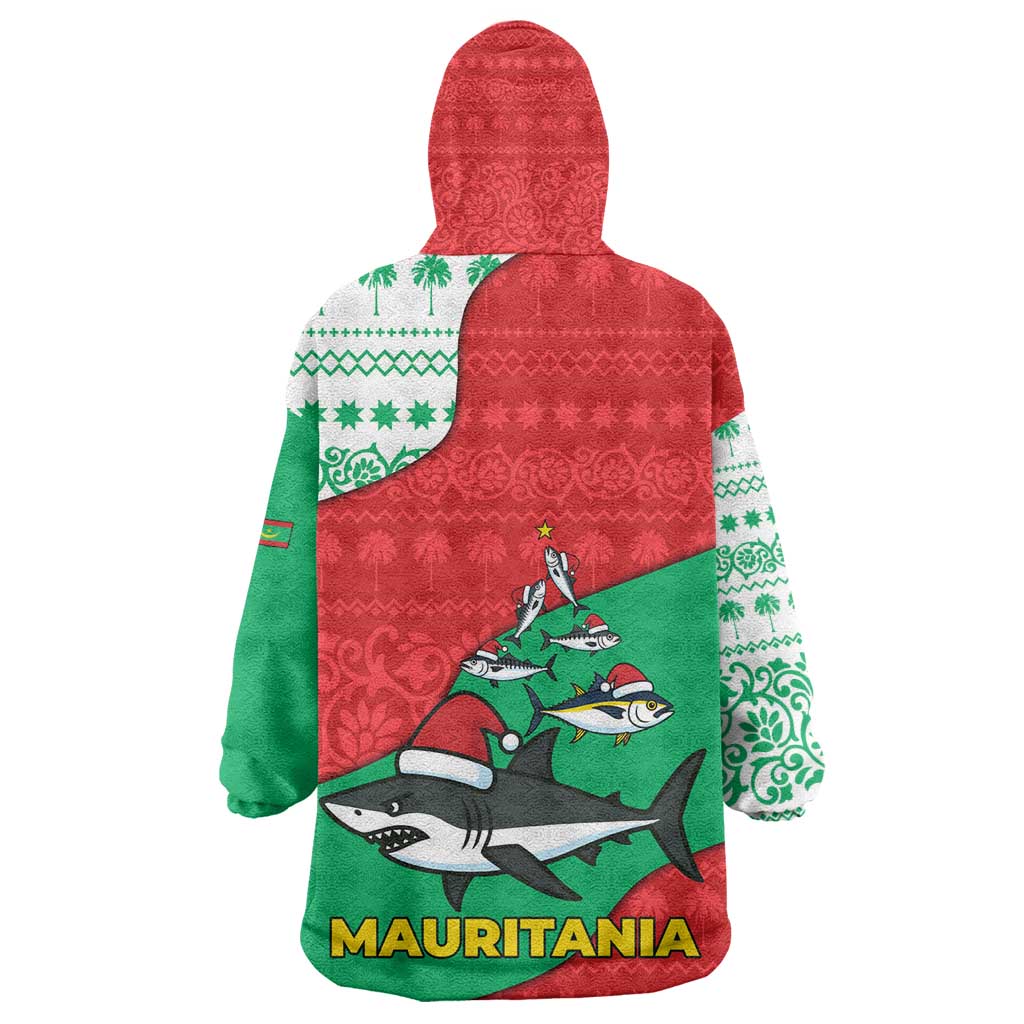 Mauritania Christmas Kid Wearable Blanket Hoodie Santa Sharks Festive Fish Pattern and Red Green Holiday - African Pride