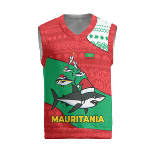 Mauritania Christmas Knitted V-Neck Vest Santa Sharks Festive Fish Pattern and Red Green Holiday - African Pride