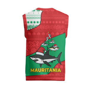 Mauritania Christmas Knitted V-Neck Vest Santa Sharks Festive Fish Pattern and Red Green Holiday - African Pride