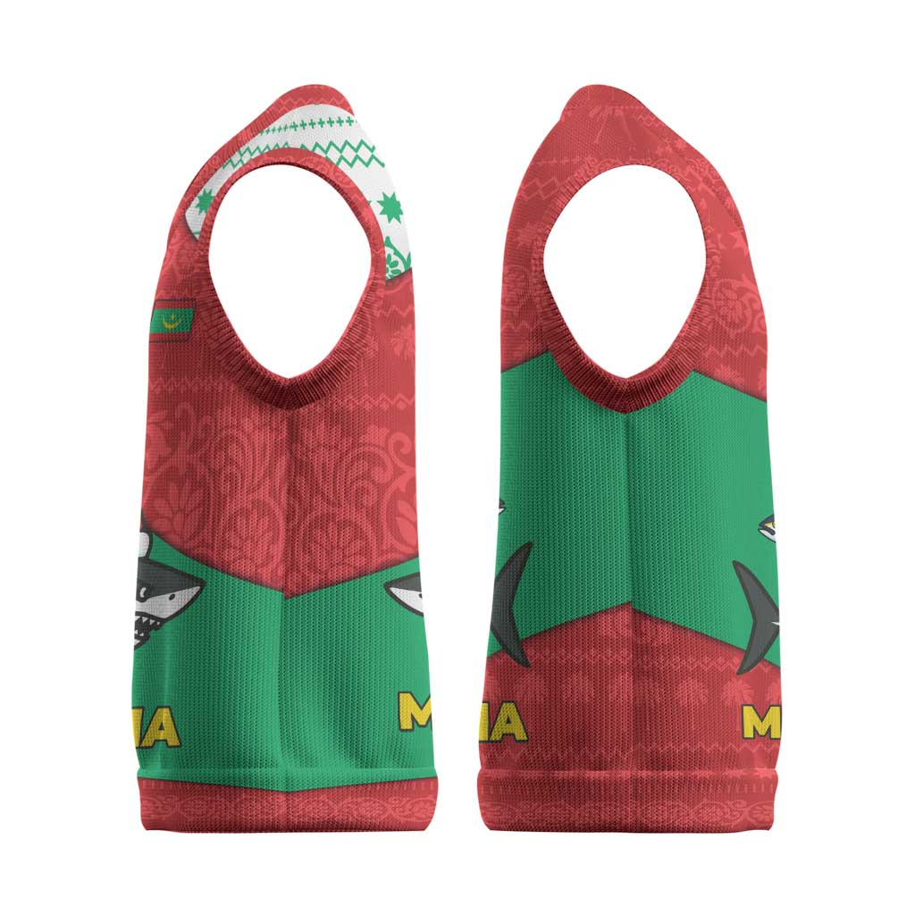Mauritania Christmas Knitted V-Neck Vest Santa Sharks Festive Fish Pattern and Red Green Holiday - African Pride